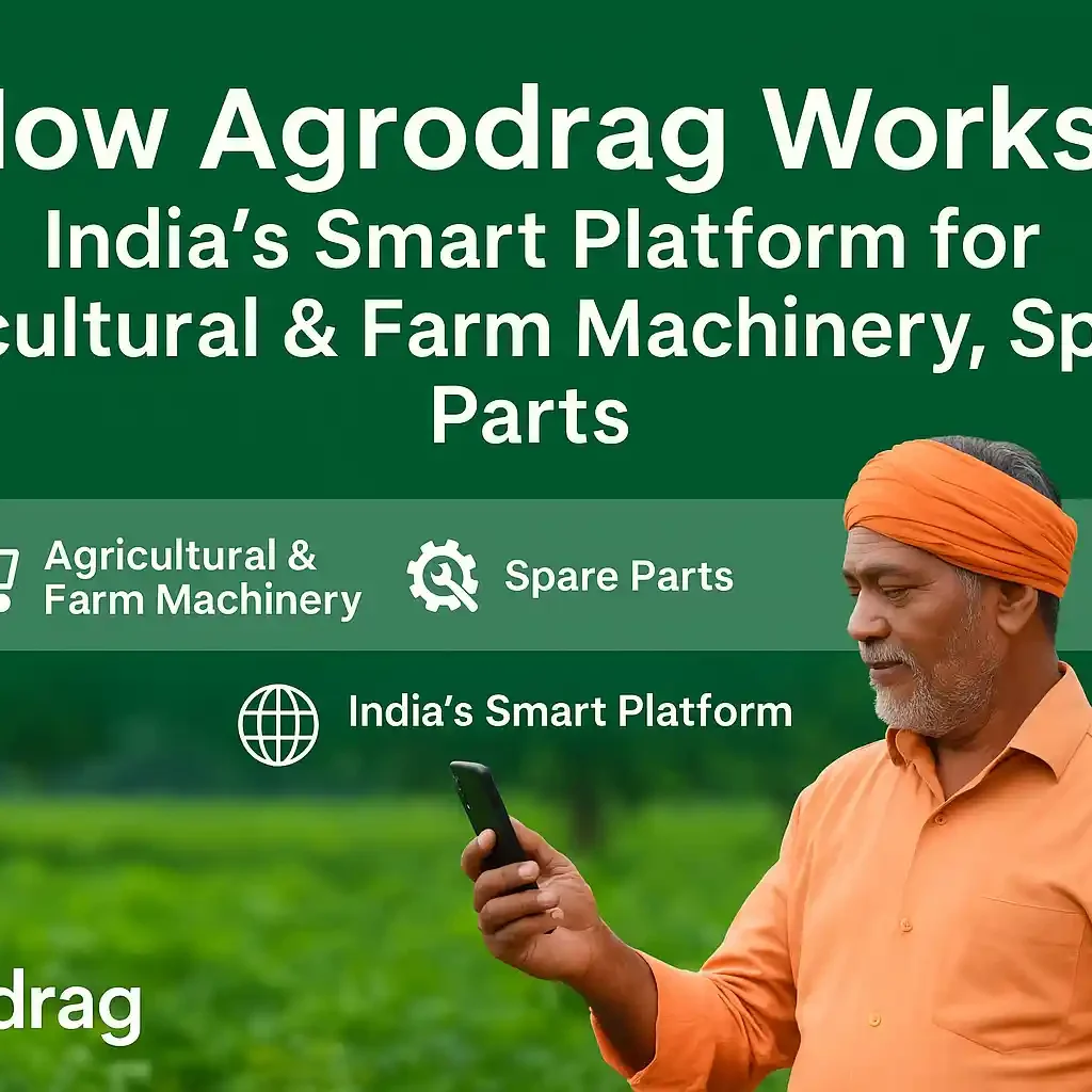 Indian farmer using a smartphone in a green field with Agrodrag platform icons, representing how Agrodrag works as India’s smart platform for agricultural machinery and spare parts.