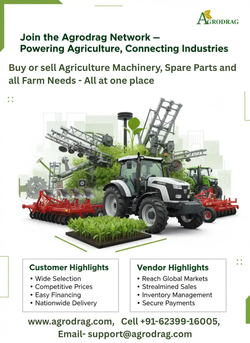 Agrodrag mobile banner showing agricultural machinery and farm needs by Fateh Globalink