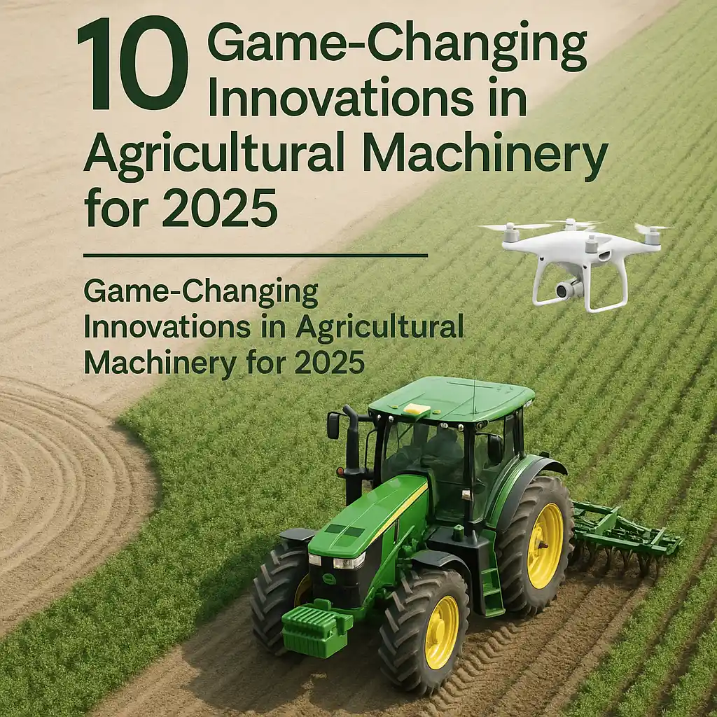 A drone flying above a modern autonomous green tractor working in a field, representing advanced agricultural machinery innovations for 2025.