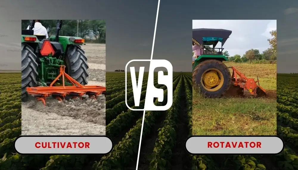 Rotavator vs Cultivator comparison image showing tractor rotavator and tractor cultivator working in fields for soil preparation