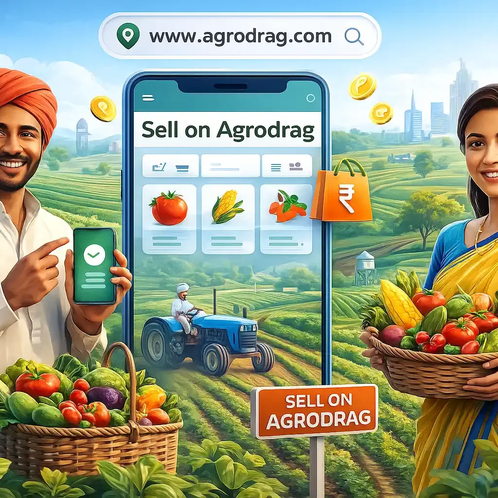 Indian agri entrepreneurs selling farm produce online using Agrodrag marketplace platform illustration