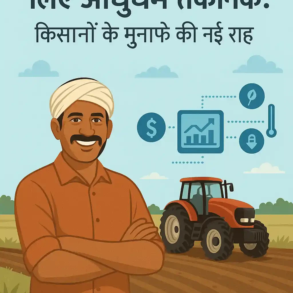 एक भारतीय किसान आधुनिक कृषि मशीनरी और तकनीकों का उपयोग करते हुए, जिससे खेती की लागत कम होती है और मुनाफा बढ़ता है।