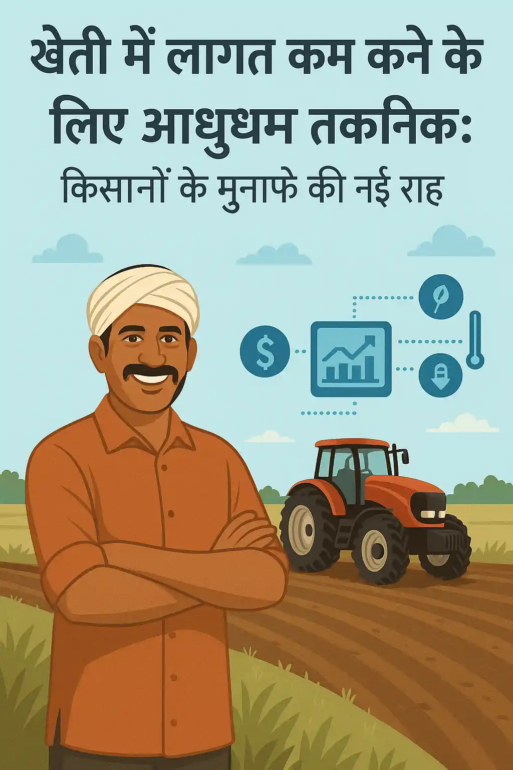 एक भारतीय किसान आधुनिक कृषि मशीनरी और तकनीकों का उपयोग करते हुए, जिससे खेती की लागत कम होती है और मुनाफा बढ़ता है।